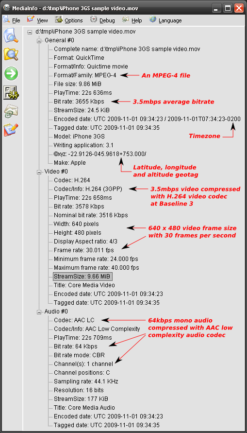 Mediainfo screenshot analysing an iPhone recorded video