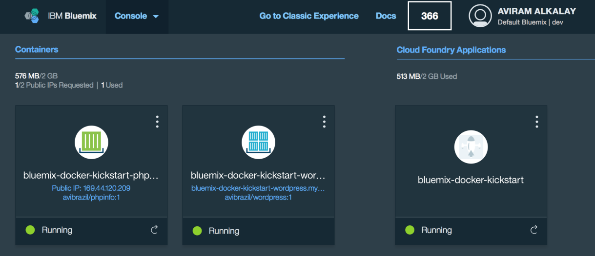 Bluemix dashboard with apps and containers