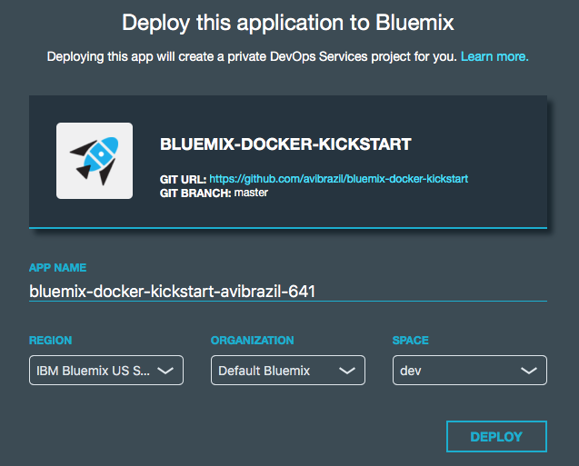 Deploy to Bluemix screen